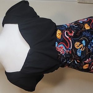 Pinup Couture Black Bodice Midi Dress with Multicolor Dragon Print Skirt